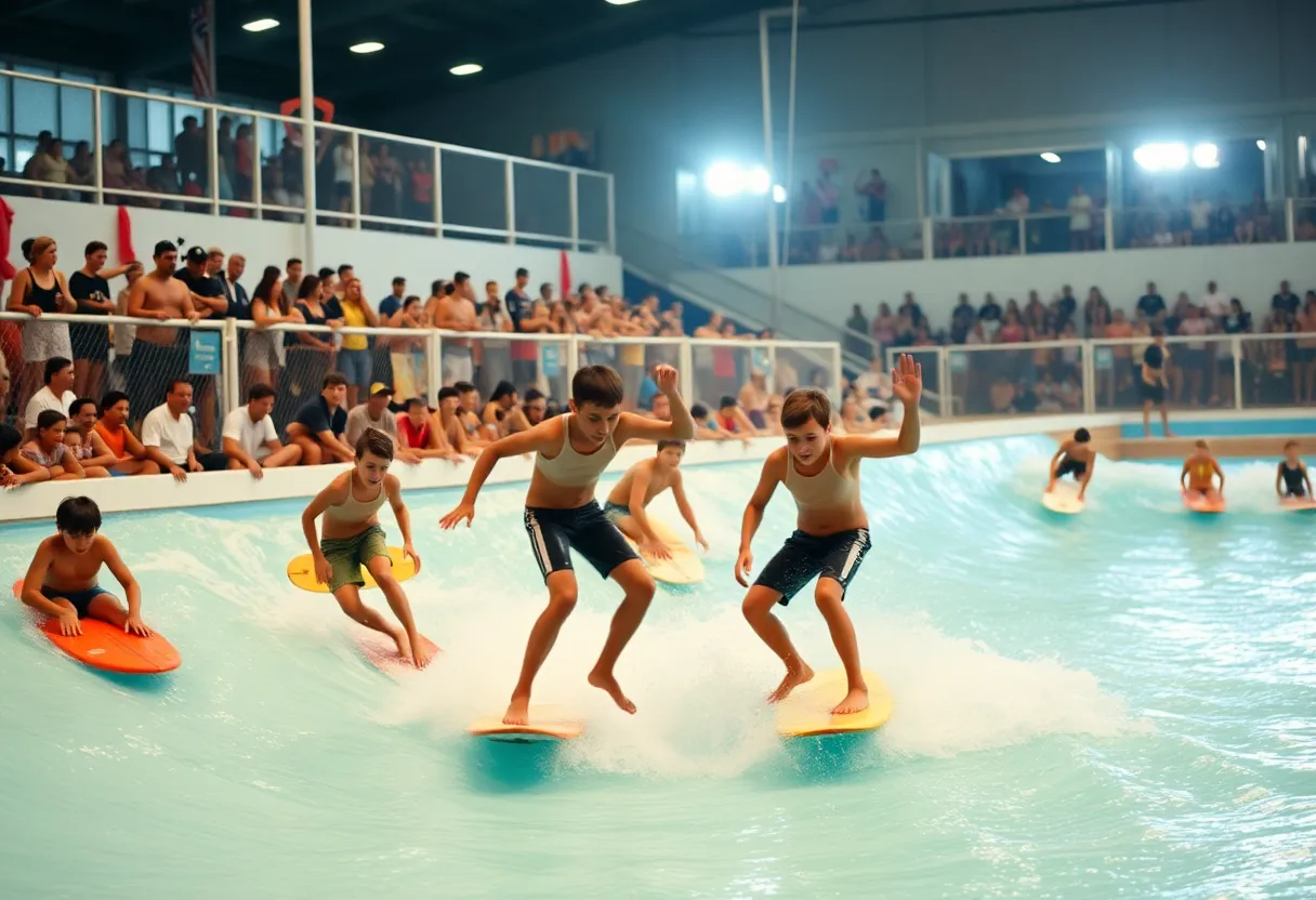 Young surfers competing in a wave pool