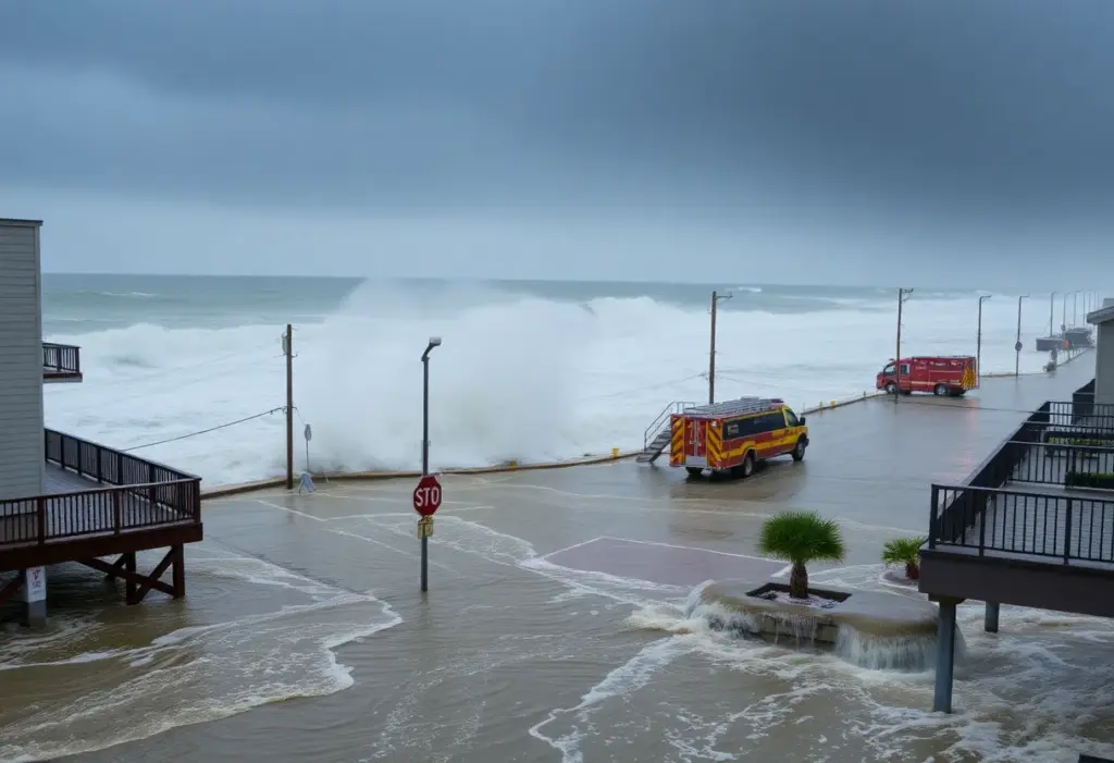 Flooded streets and waves crashing against Shore Drive in Virginia Beach