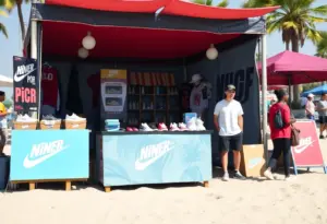Crowd at a colorful beach-themed pop-up store with sneakers and merchandise