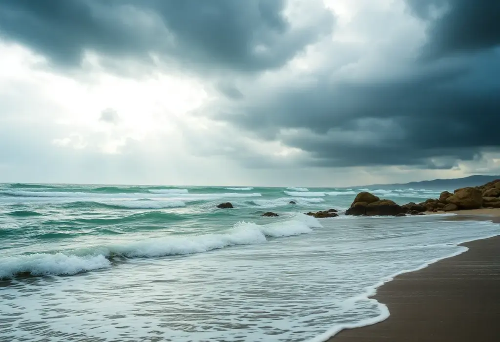 Coastal Virginia during a nor'easter, with rough seas and stormy skies.