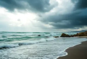 Coastal Virginia during a nor'easter, with rough seas and stormy skies.