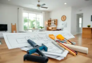 A detailed home renovation timeline with tools and plans.