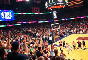 NBA game scene during the season opener with fans and players.