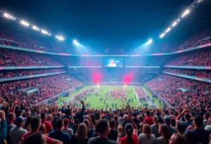 Fans enjoying a vibrant halftime show at the Super Bowl