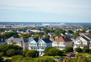 A view of homes in Virginia Beach with a beach backdrop.