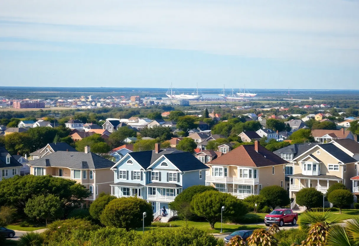 A view of homes in Virginia Beach with a beach backdrop.