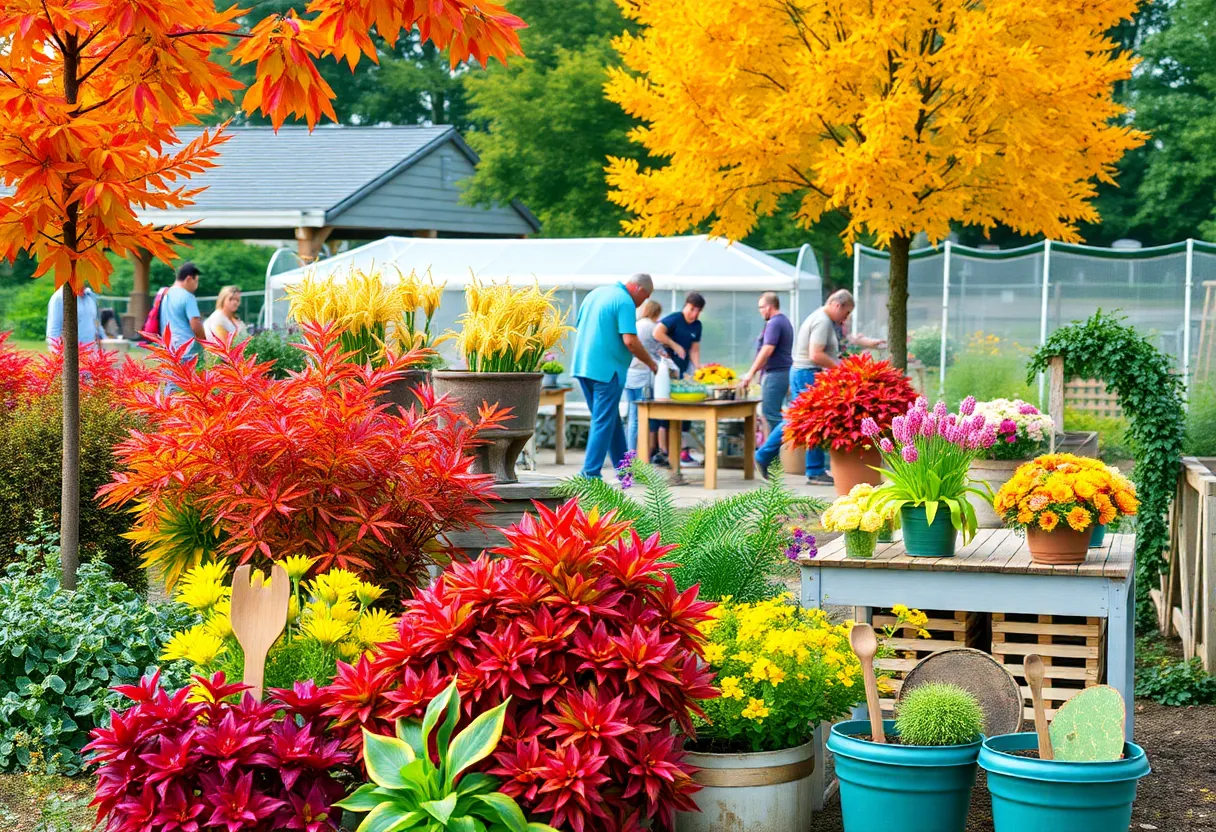 A beautiful autumn garden scene in Virginia Beach with participants in gardening workshops.