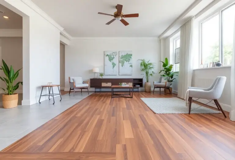 Showcasing different types of flooring options in a renovated space.