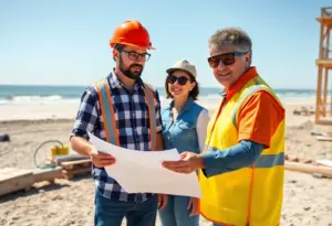 Home builder and clients reviewing construction plans in Virginia Beach.