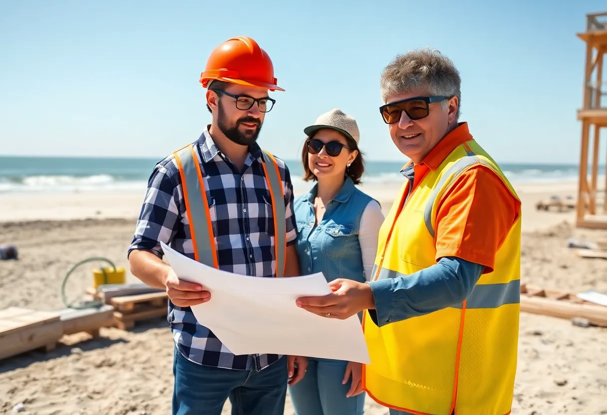 Home builder and clients reviewing construction plans in Virginia Beach.