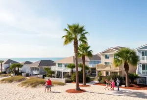A view of homes in Virginia Beach near the beach with palm trees.