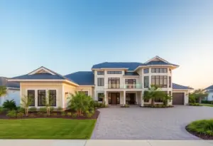 A custom home in Virginia Beach with modern architectural features and a coastal environment.
