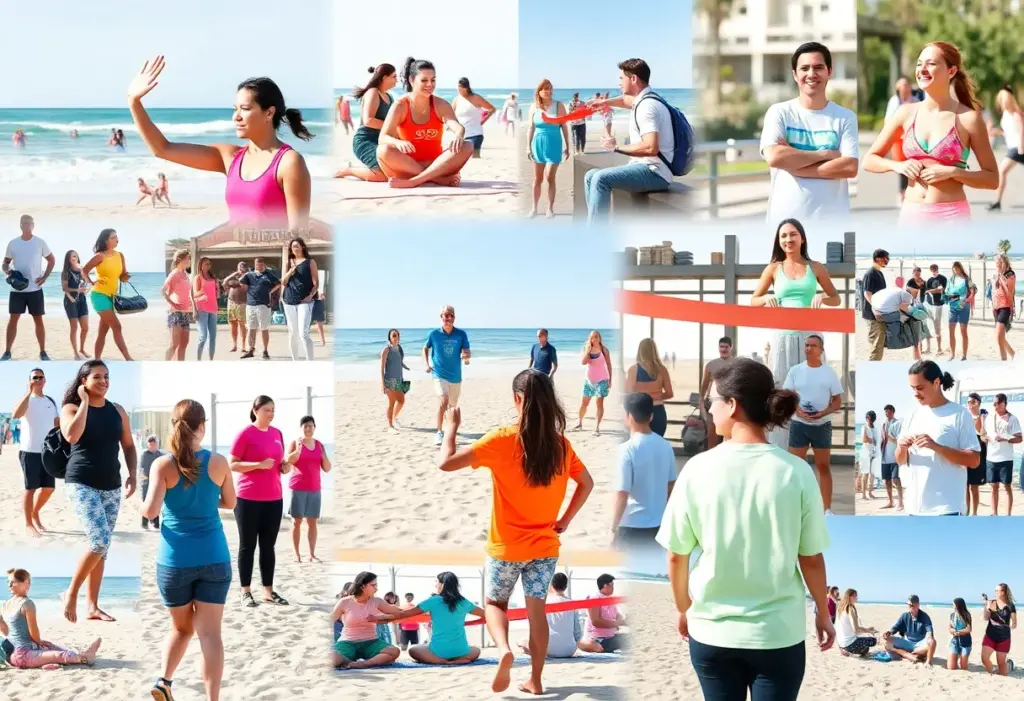Participants engaging in health events along the Virginia Beach coastline.