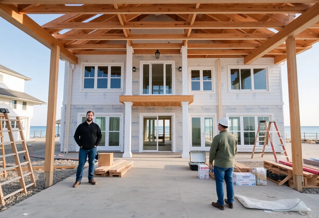 Home construction in Virginia Beach with builders on site.